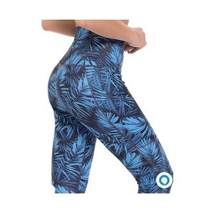 FL Full Length Blue Leaf Floral Yoga Pants Seamless waistband Side Ph Pockets XL